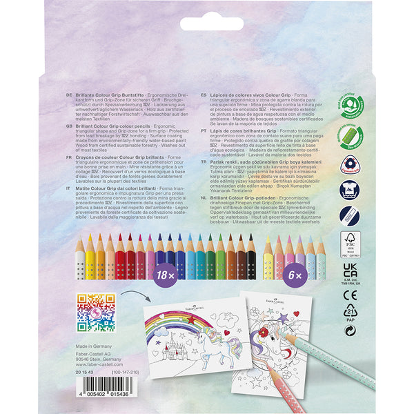 Set De Crayons De Couleur Licorne Faber-Castell - 24 Pièces Dont 6 Pailletés, Mine Incassable Et Effet Aquarelle