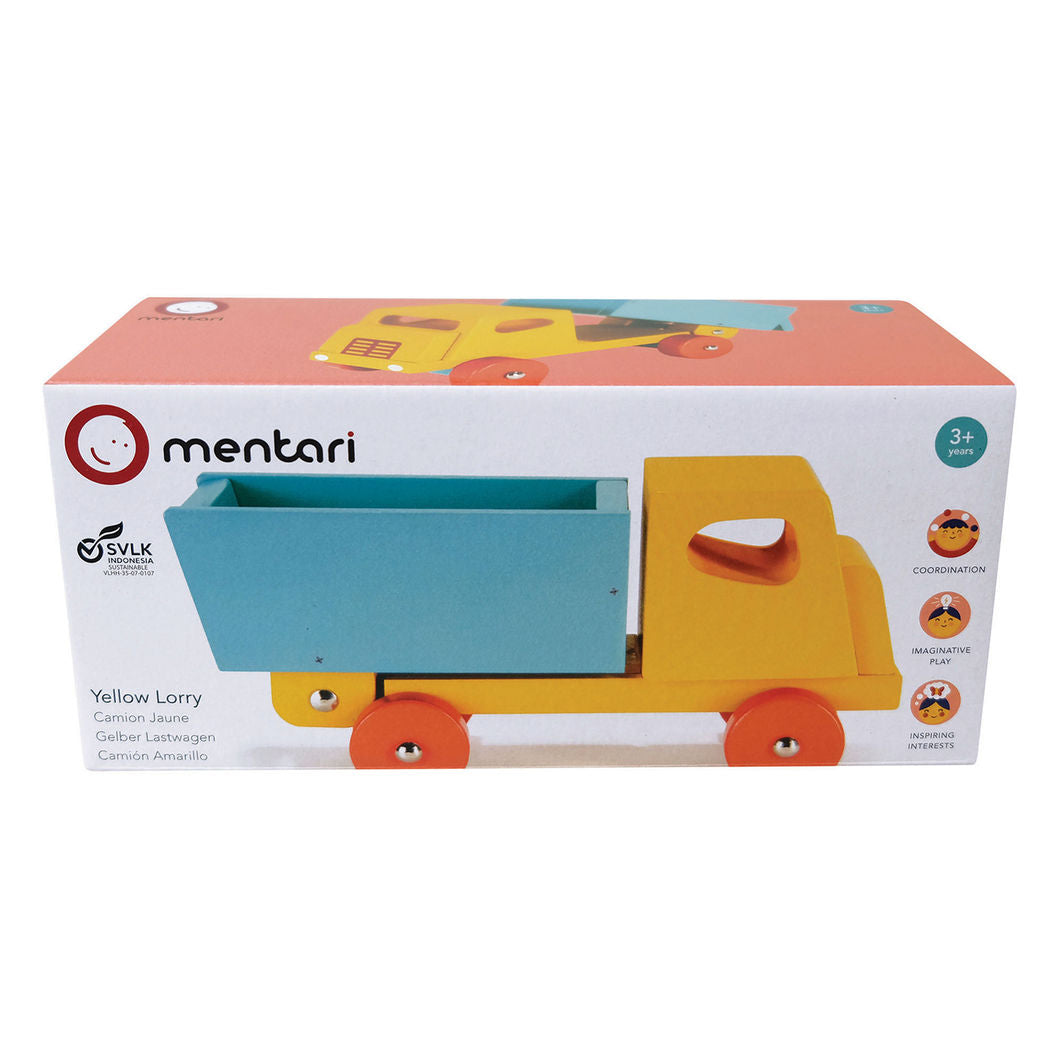 Mentari Legetøjsbil i træ, Gul lastbil med vippelad