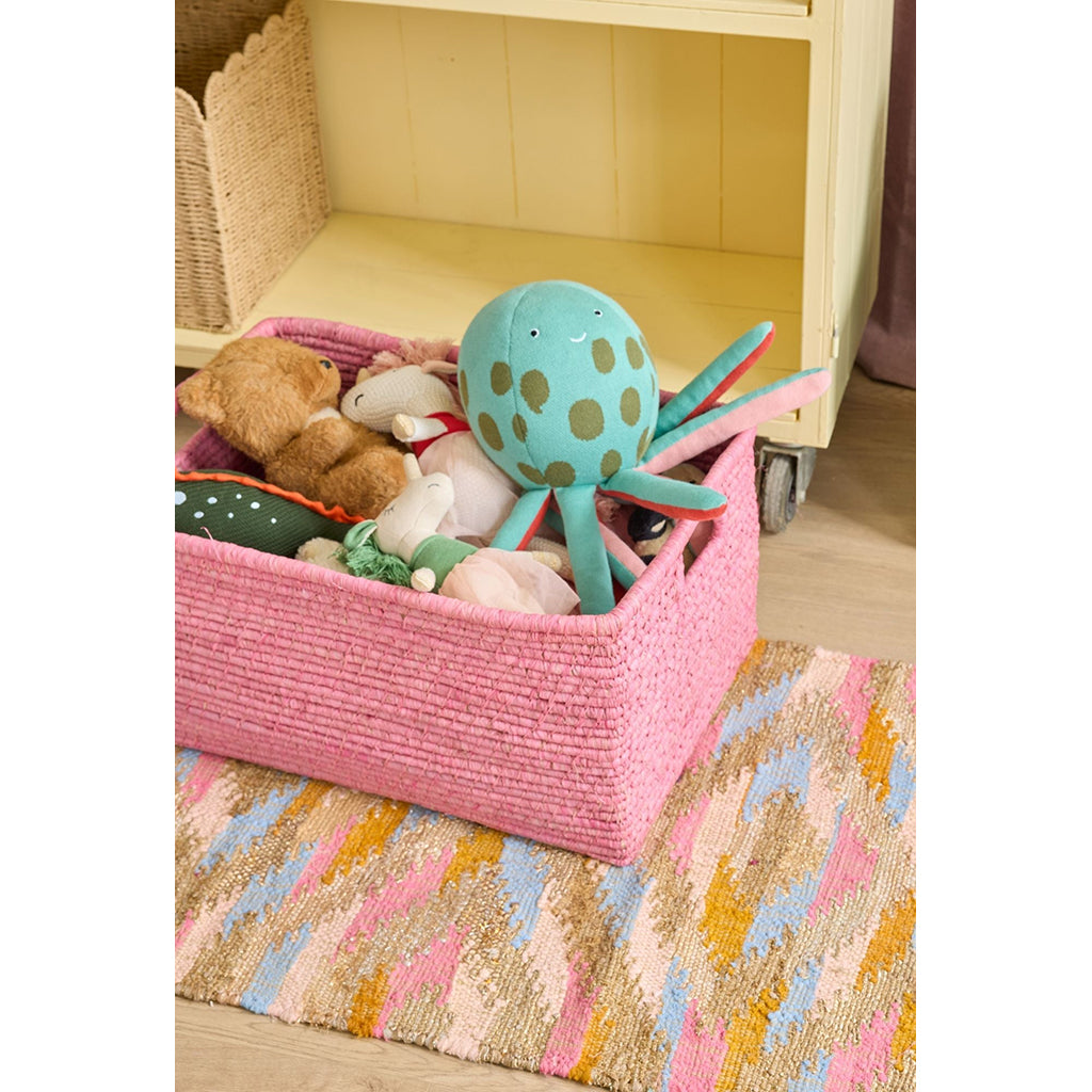 Rice kurv m håndtag, Ekstra stor, rektangulær raffia opbevaringskurv - Pink