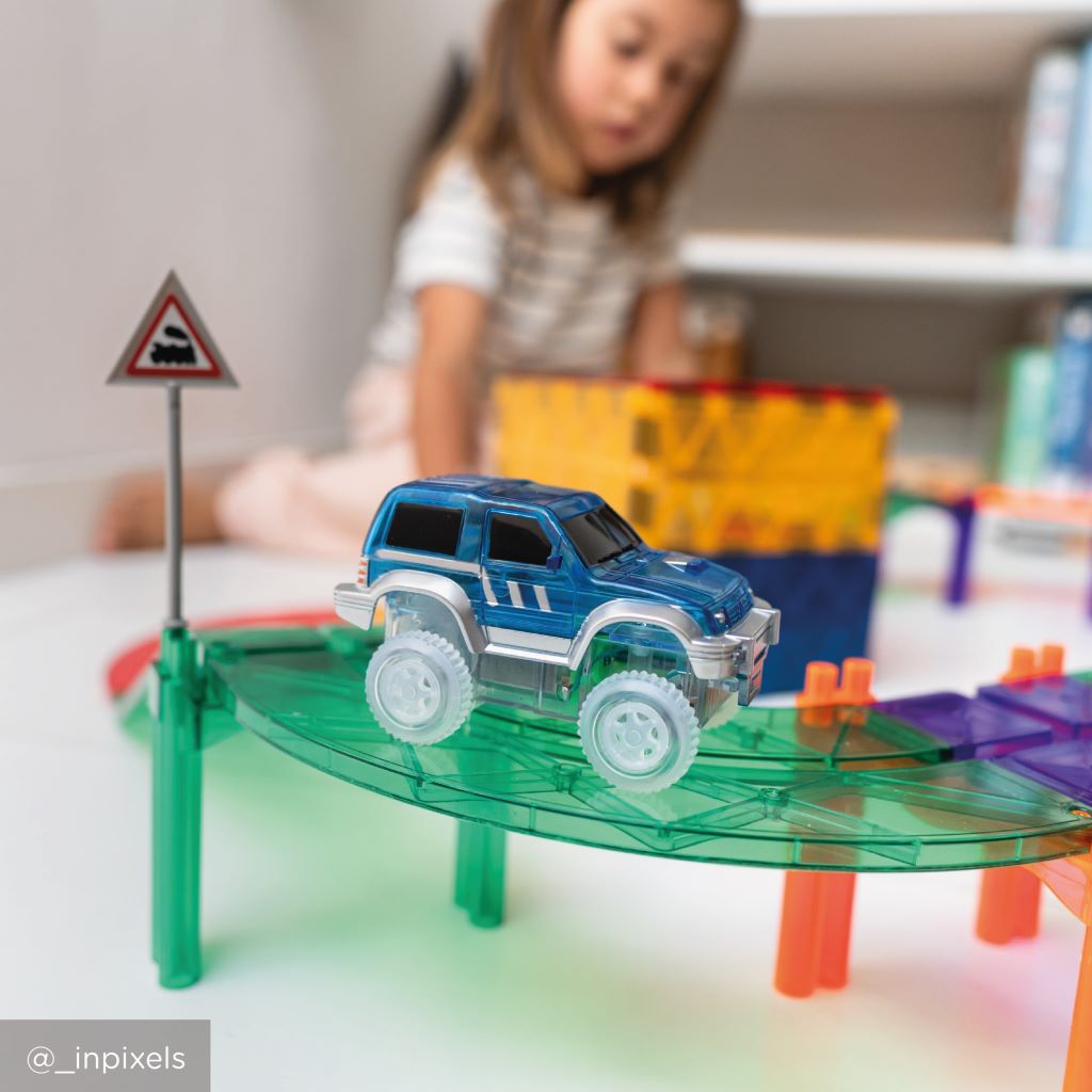 Cleverclixx Magnetisk byggeleg, Race track car - Blue