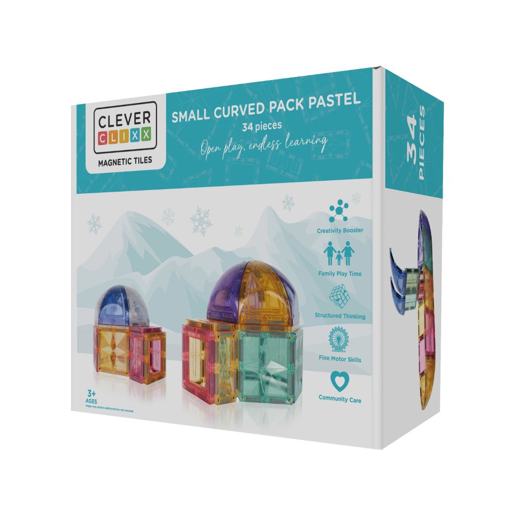 Cleverclixx Magnetisk byggeleg, Small Curved pack Pastel, 34 pcs