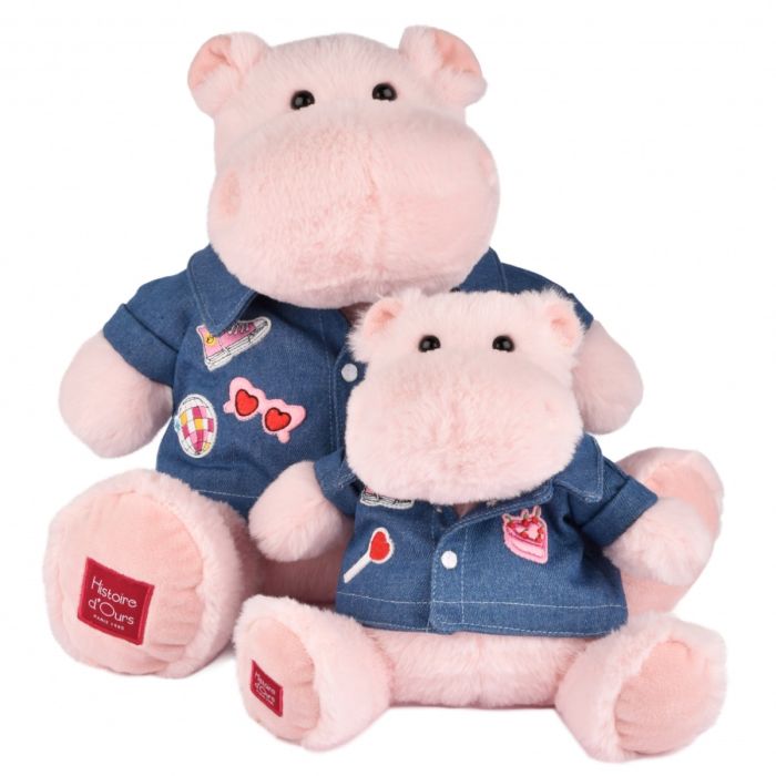 Doudou et Compagnie Flodhest bamse, Lyserød m/denimjakke - 20 cm