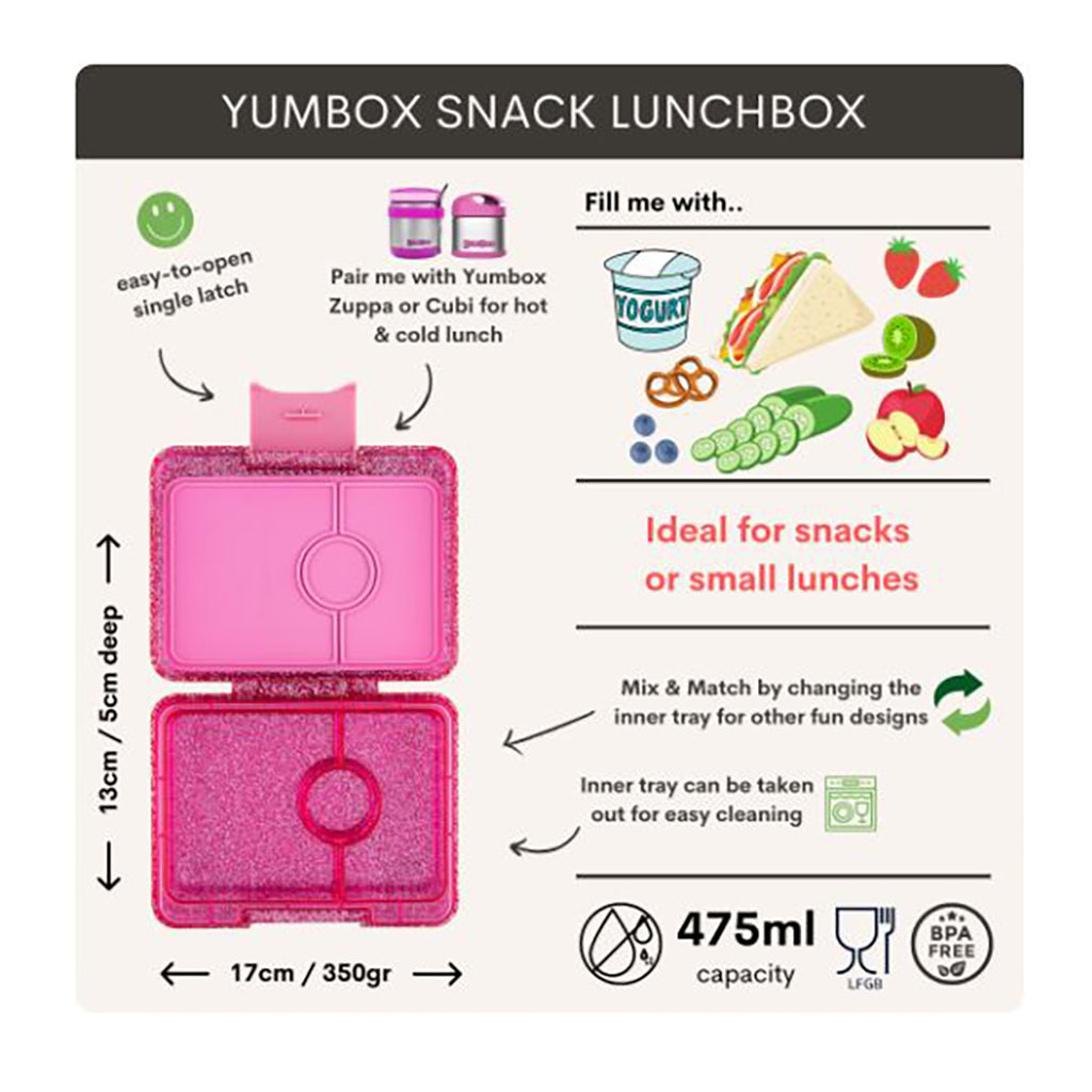 Yumbox madkasse m. 3 rum, Snack - Sparkle pink glitter/Pink clear