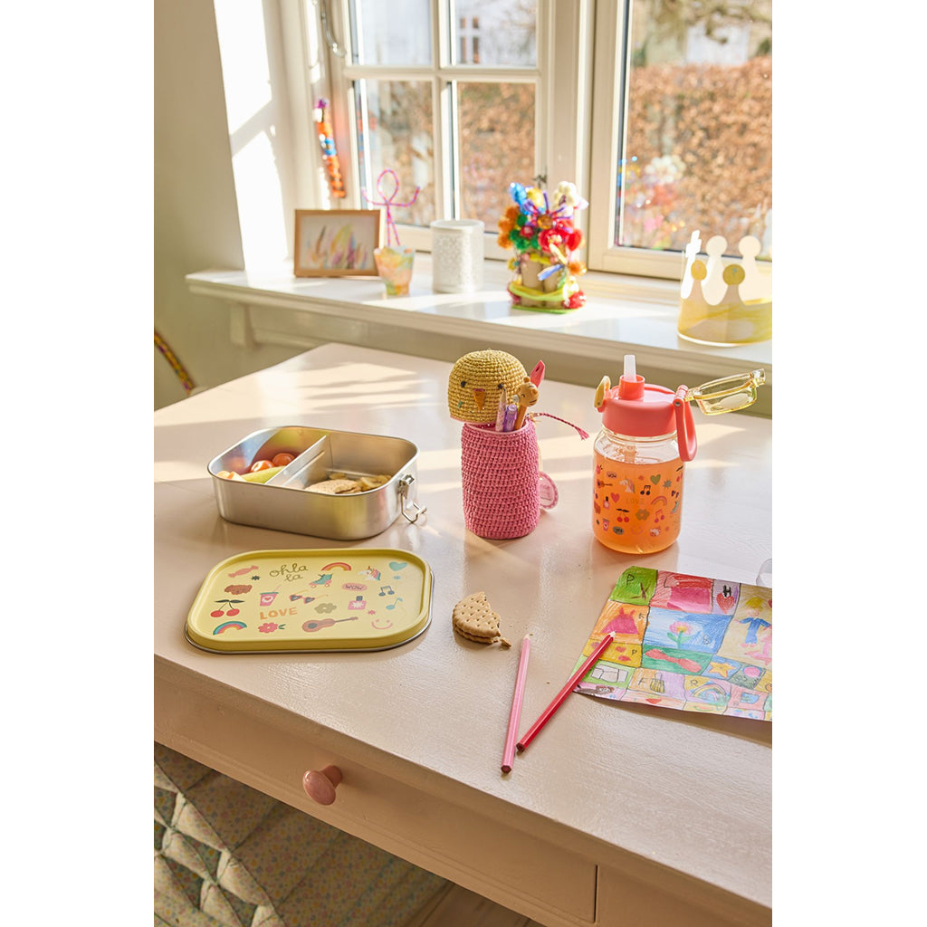 Rice madkasse i rustfrit stål m skillevæg, stor - Soft yellow unicorn love print