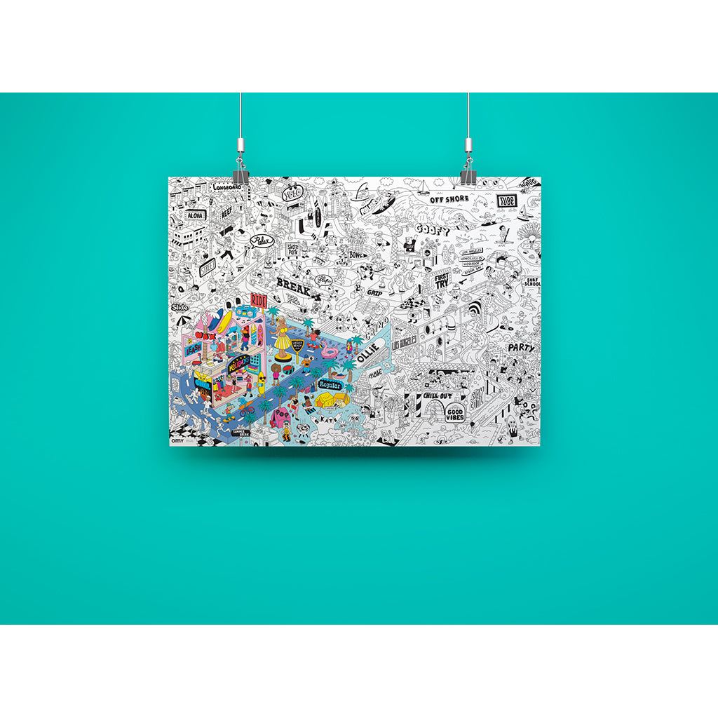 Omy stor plakat til farvelægning, 70 x 100 cm - Surf & skate
