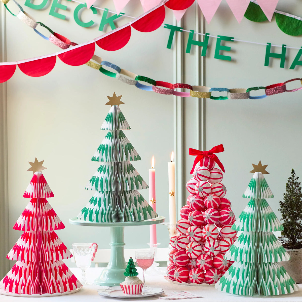 Meri Meri juletræer i papir, Stripe Paper Honeycomb Trees, 3 stk.