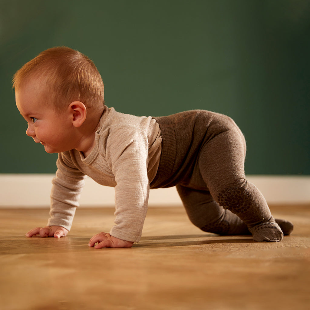 GoBabyGo kravlestrømpebuks m. gummidutter, brown melange - uld