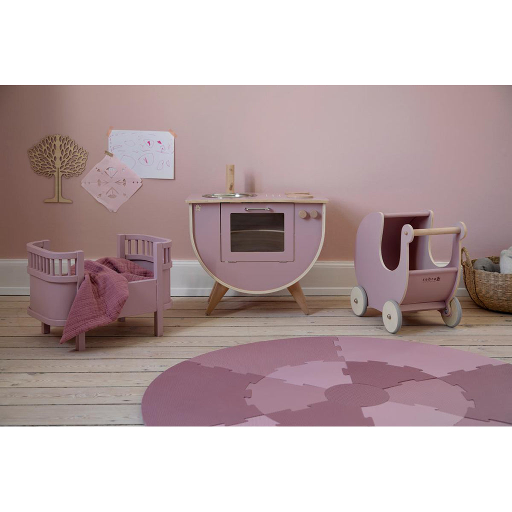 Sebra dukkevogn i træ, Blossom pink