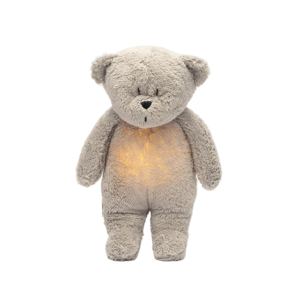 Moonie grey 2.0, økologisk Humming bamse m pink noise og lampe