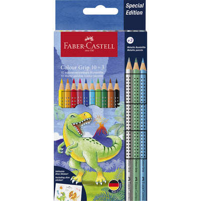 Faber-Castell 10+3 Grip akvarel farveblyanter + klistermærker, Dinosaur