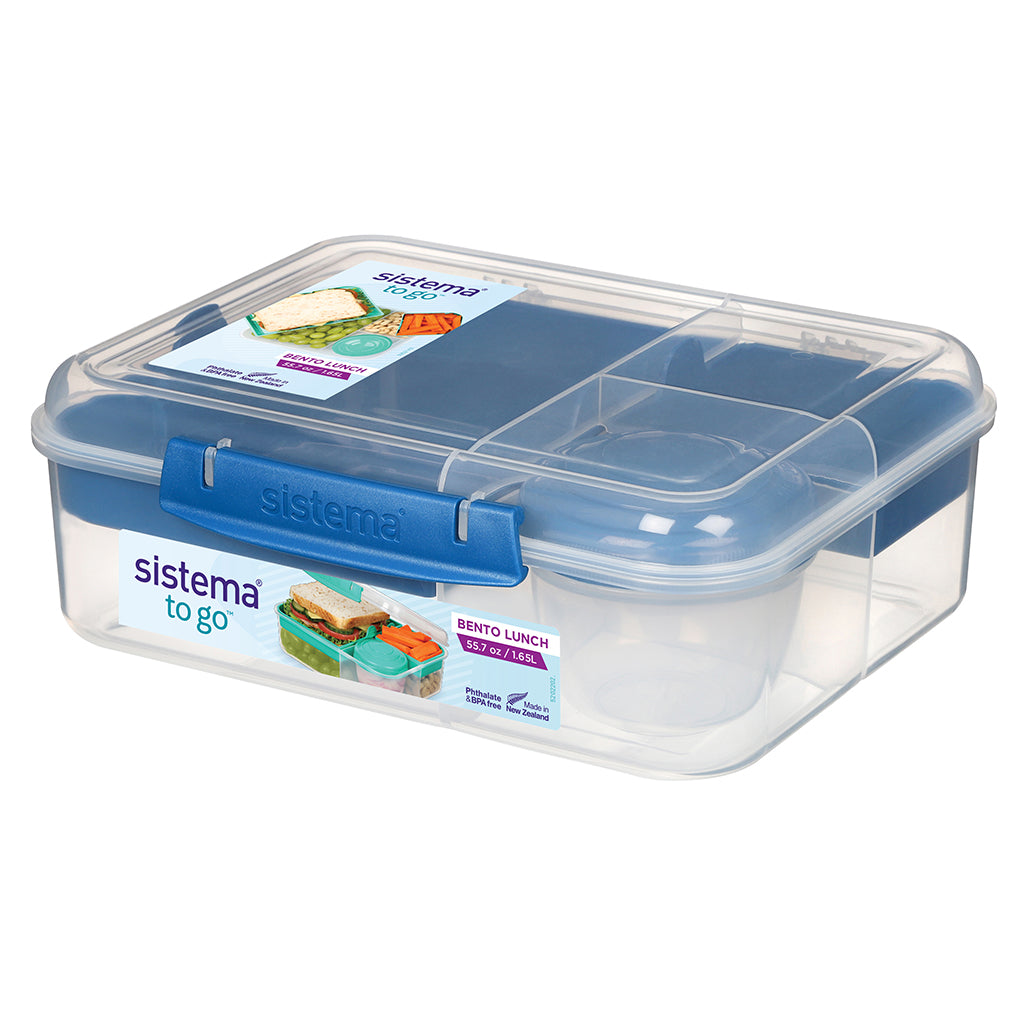 Sistema Bento Lunch madkasse m 3 rum og et yoghurtbæger, 1.65L - Blue