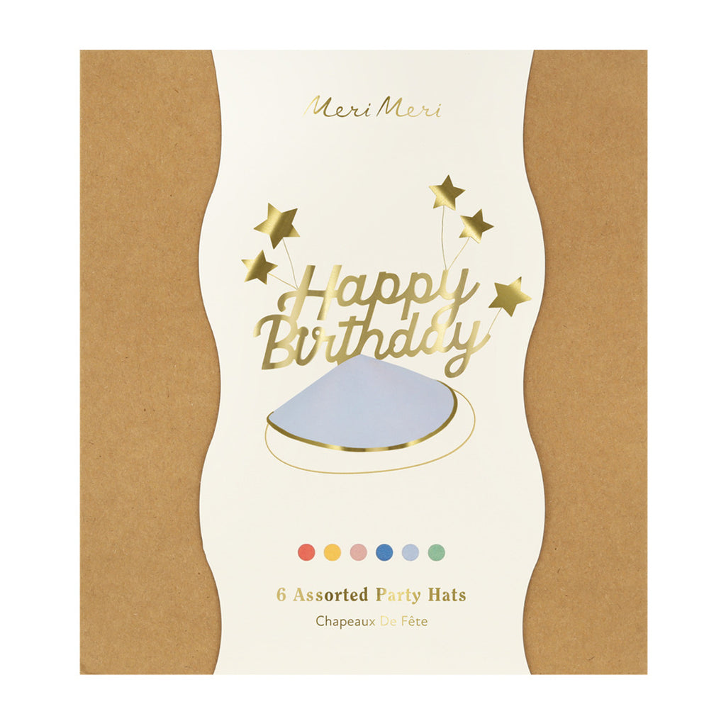 Meri Meri festhatte, Happy Birthday &amp; foil start party hats - 6 stk
