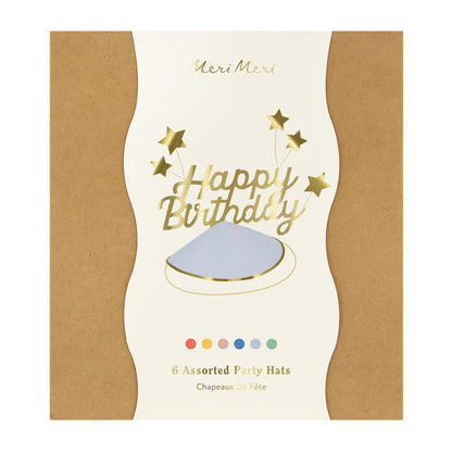 Meri Meri festhatte, Happy Birthday &amp; foil start party hats - 6 stk