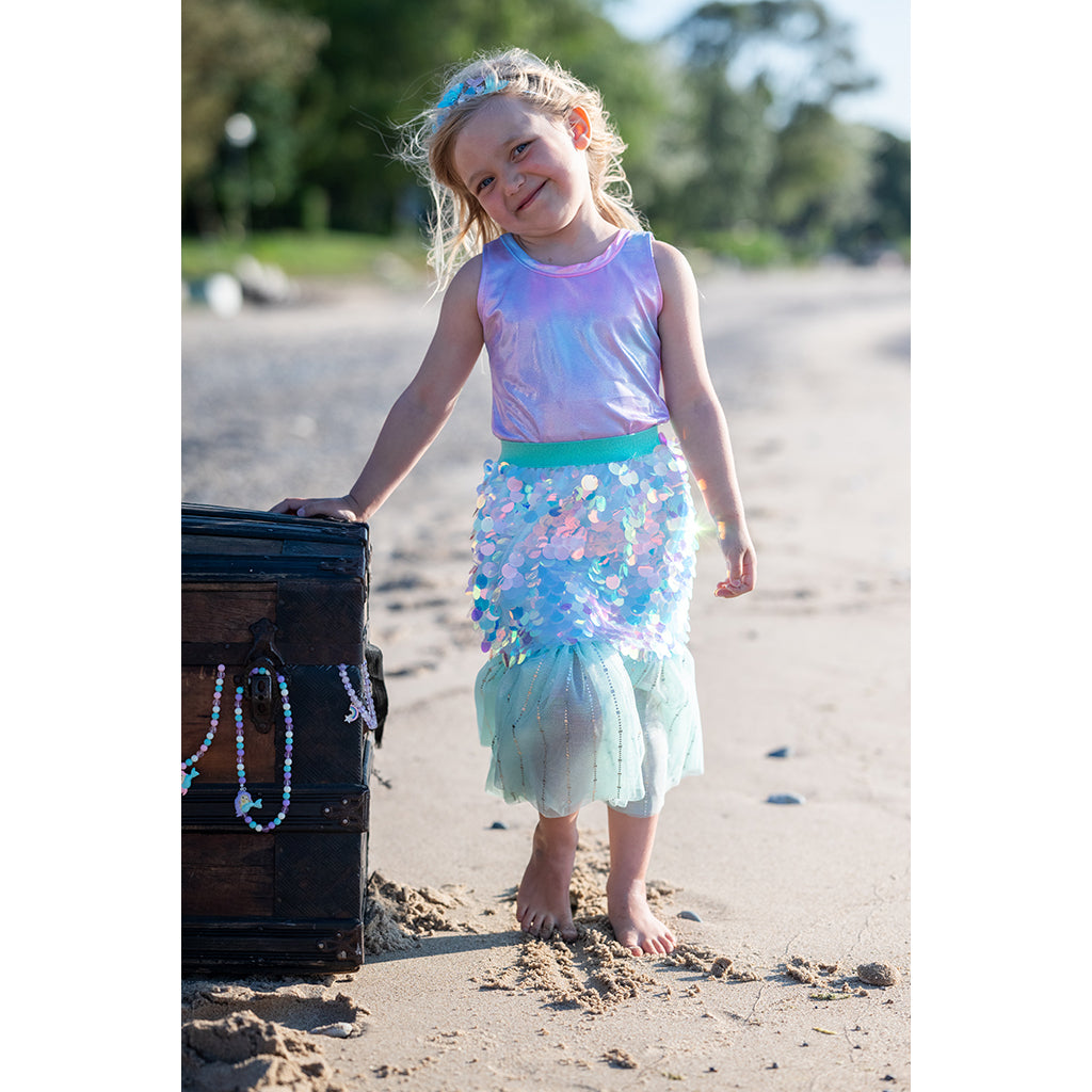 Great Pretenders udklædningstøj, Bling bling havfrue skørt og hårklips, mint - Str. 4-6 år