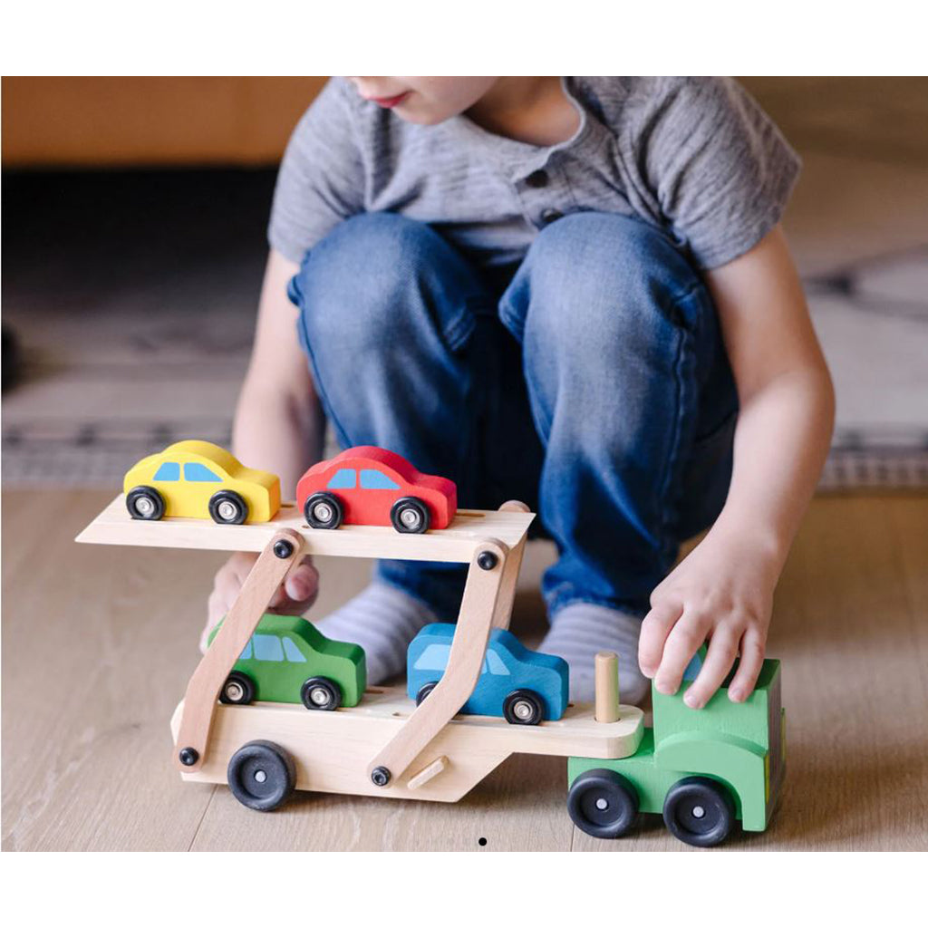 Melissa &amp; Doug Legetøjsbiler i træ, Biltransporter m 4 biler