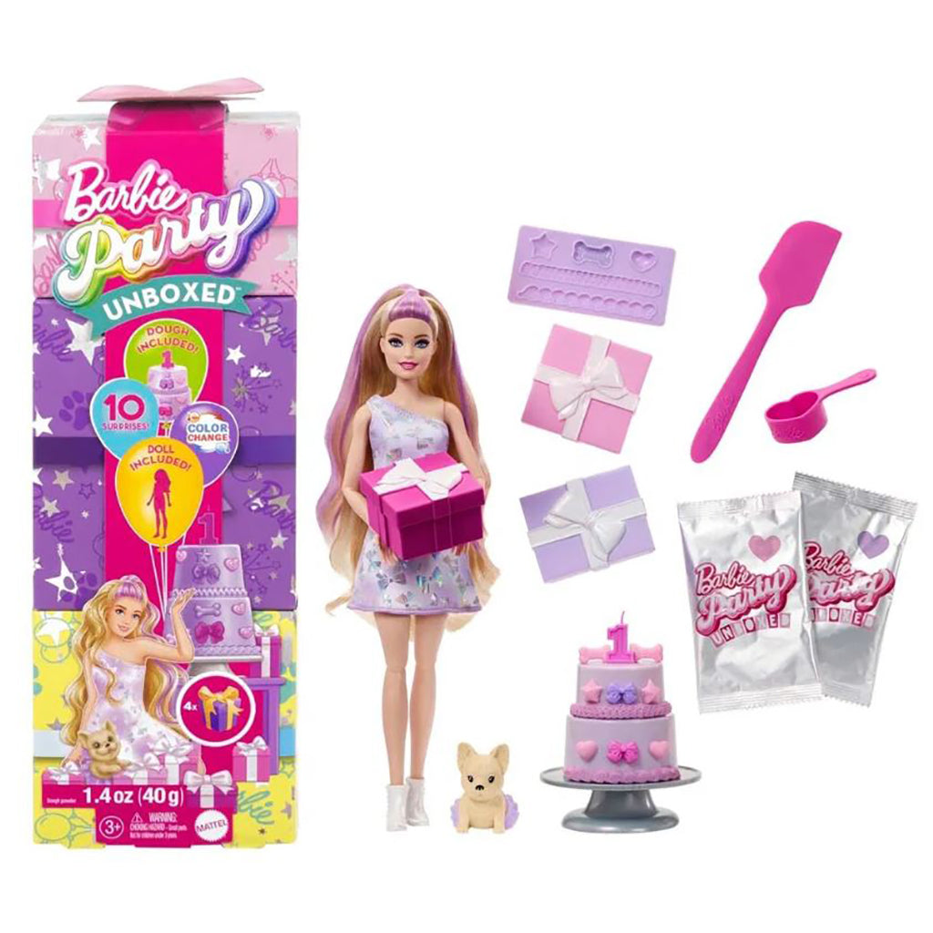 Barbie Party Unboxed dukke m blond håret og 10 overraskelser