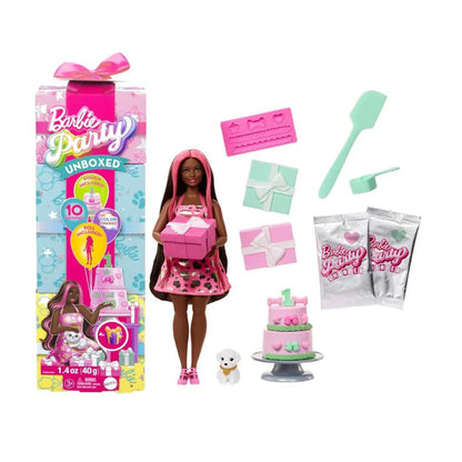 Barbie Party Unboxed dukke m sort håret og 10 overraskelser