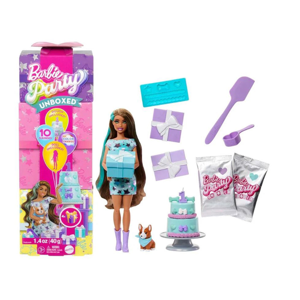 Barbie Party Unboxed dukke m. brunt hår og 10 overraskelser