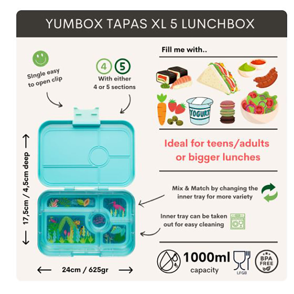Yumbox XL madkasse m. 5 rum, Tapas - Jungle/ Pastel Blue