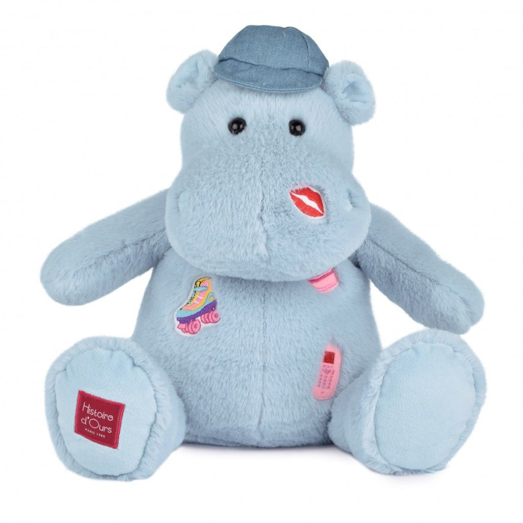 Doudou et Compagnie Flodhest bamse, blå m. broderede stickers - 38 cm