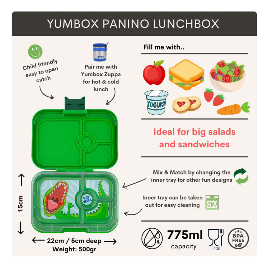 Yumbox madkasse m. 4 rum, Panino, Dino - Jurassic Green