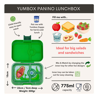 Yumbox madkasse m. 4 rum, Panino, Dino - Jurassic Green