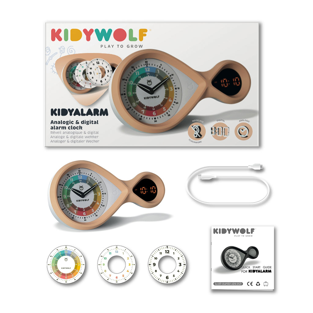 Kidyalarm vækkeur til børn m analog urskive og digital visning, Brun