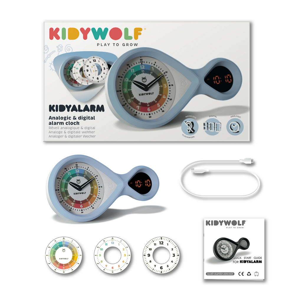 Kidyalarm vækkeur til børn m analog urskive og digital visning, Blå