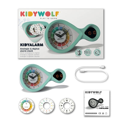 Kidyalarm vækkeur til børn m analog urskive og digital visning, Grøn