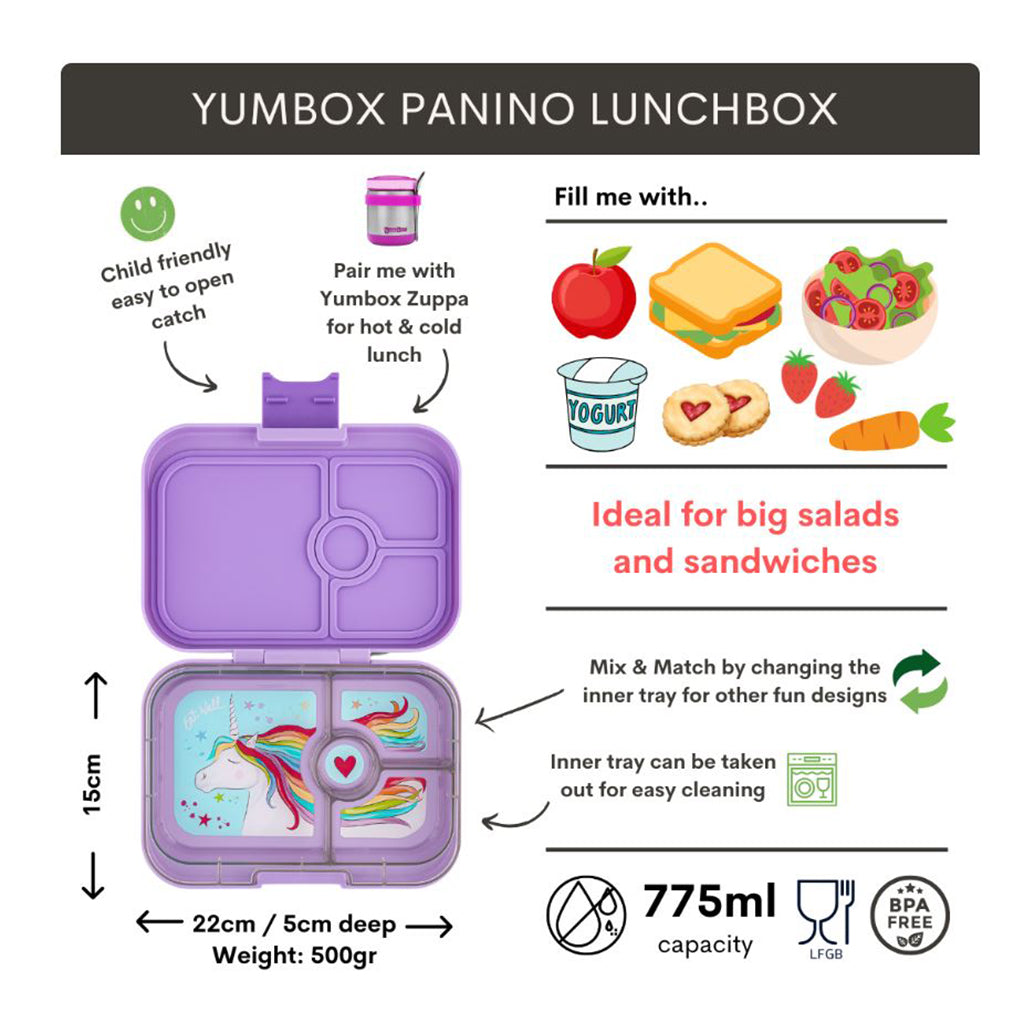 Yumbox madkasse m. 4 rum, Panino, Enhjørning - Lavendel