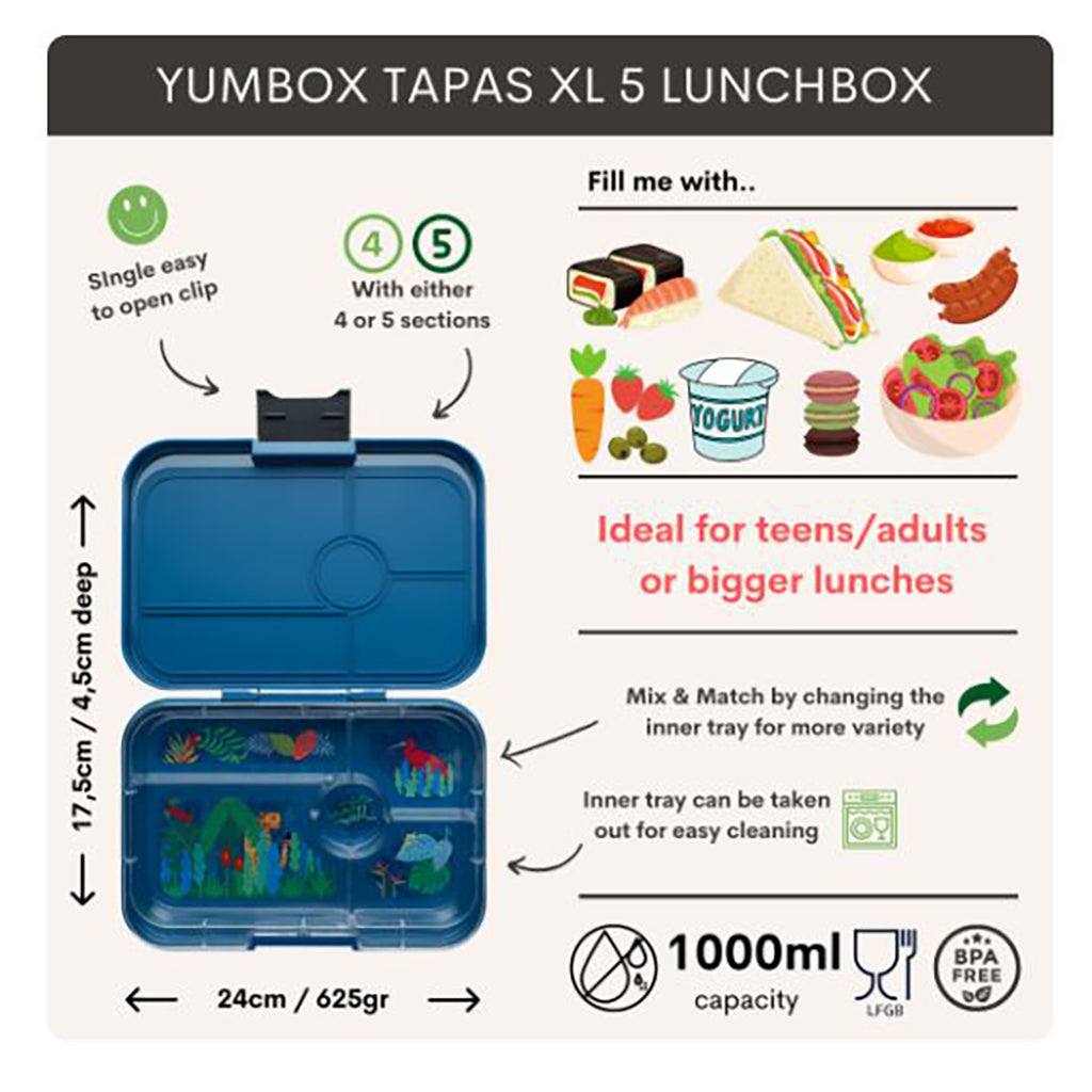 Yumbox XL madkasse m. 5 rum, Tapas - Jungle/ Blue