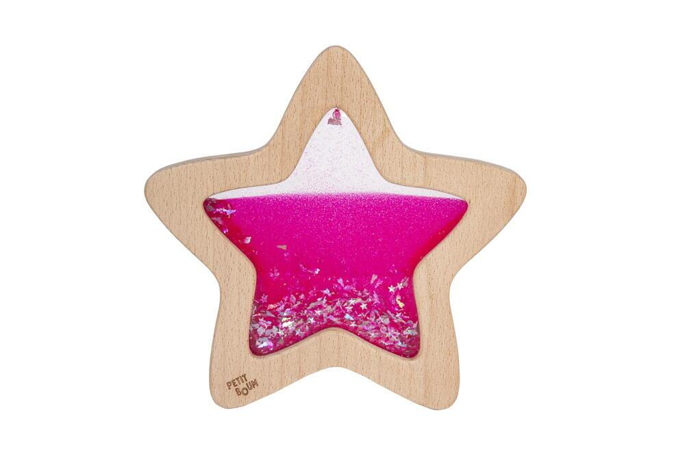 Petit Boum sanselegetøj, træstjerne med flydende væske og glimmer - Nebula Pink