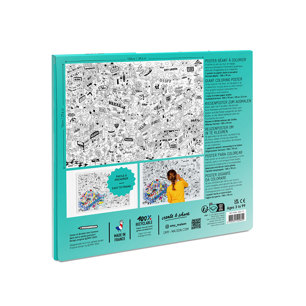 Omy stor plakat til farvelægning, 70 x 100 cm - Surf &amp; skate