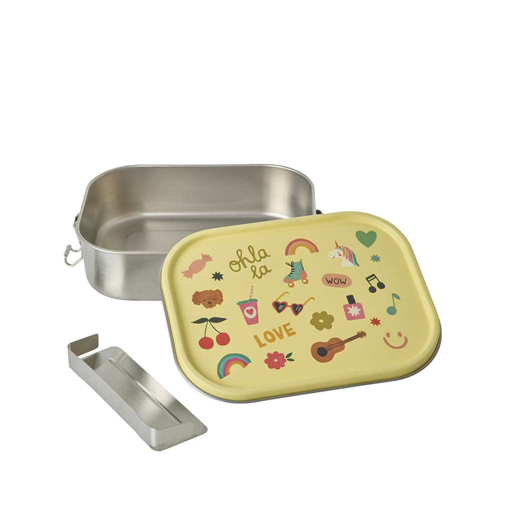 Rice madkasse i rustfrit stål m skillevæg, stor - Soft yellow unicorn love print