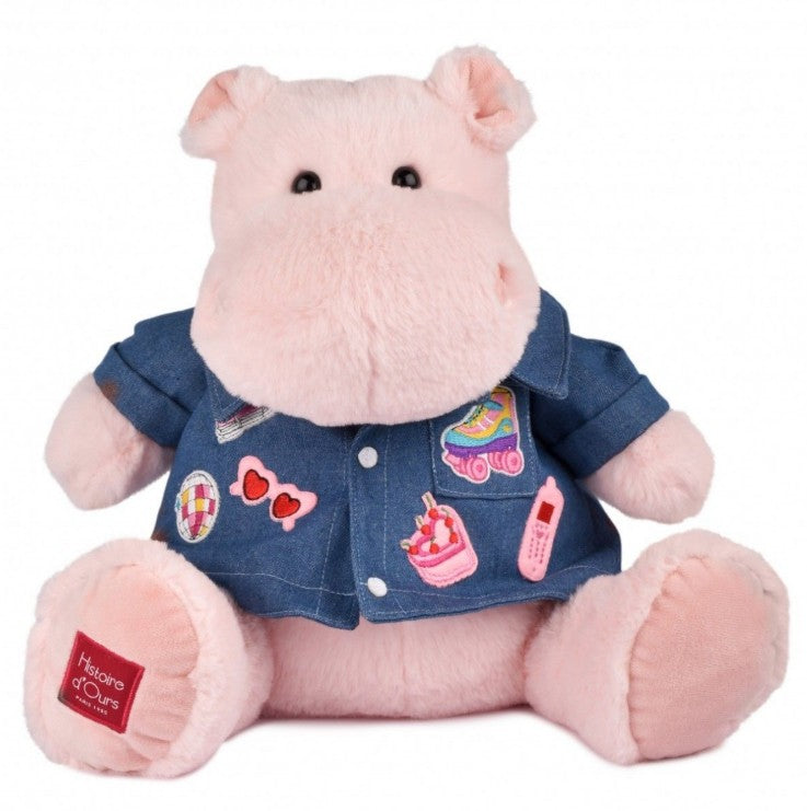 Doudou et Compagnie Flodhest bamse, Lyserød m/denimjakke - 38 cm