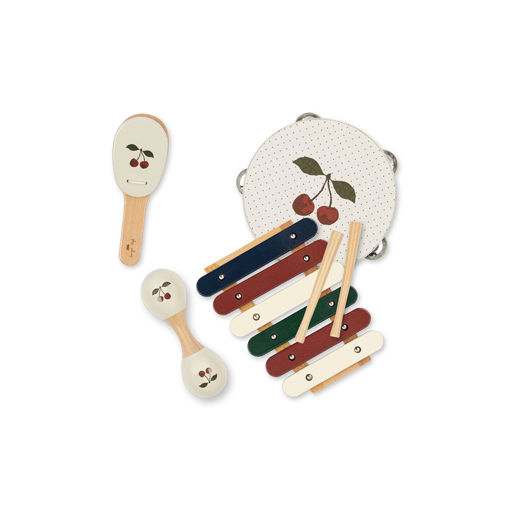 Konges Sløjd musikinstrumenter i kuffert, sæt m 4 dele - Cherry
