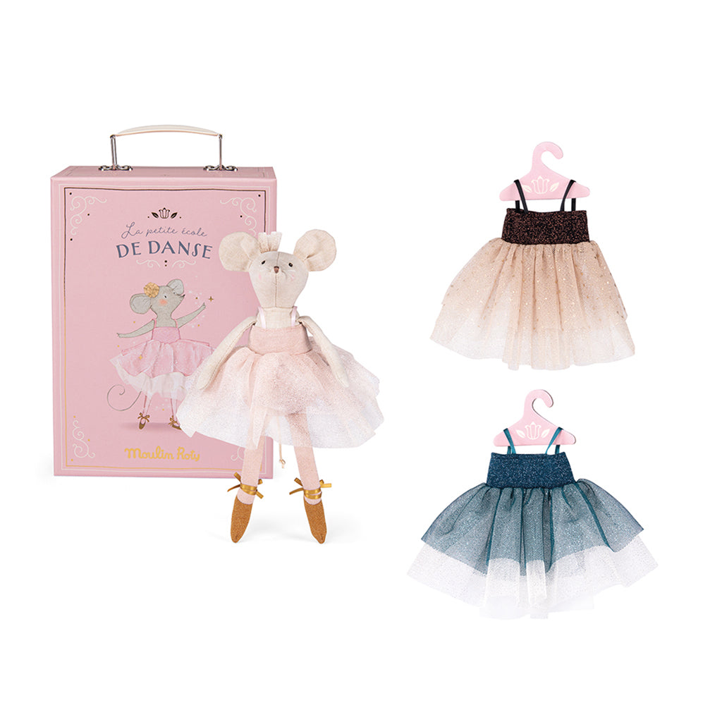 Moulin Roty dukke, ballerina mus i kuffert, 26 cm - Suzies garderobe