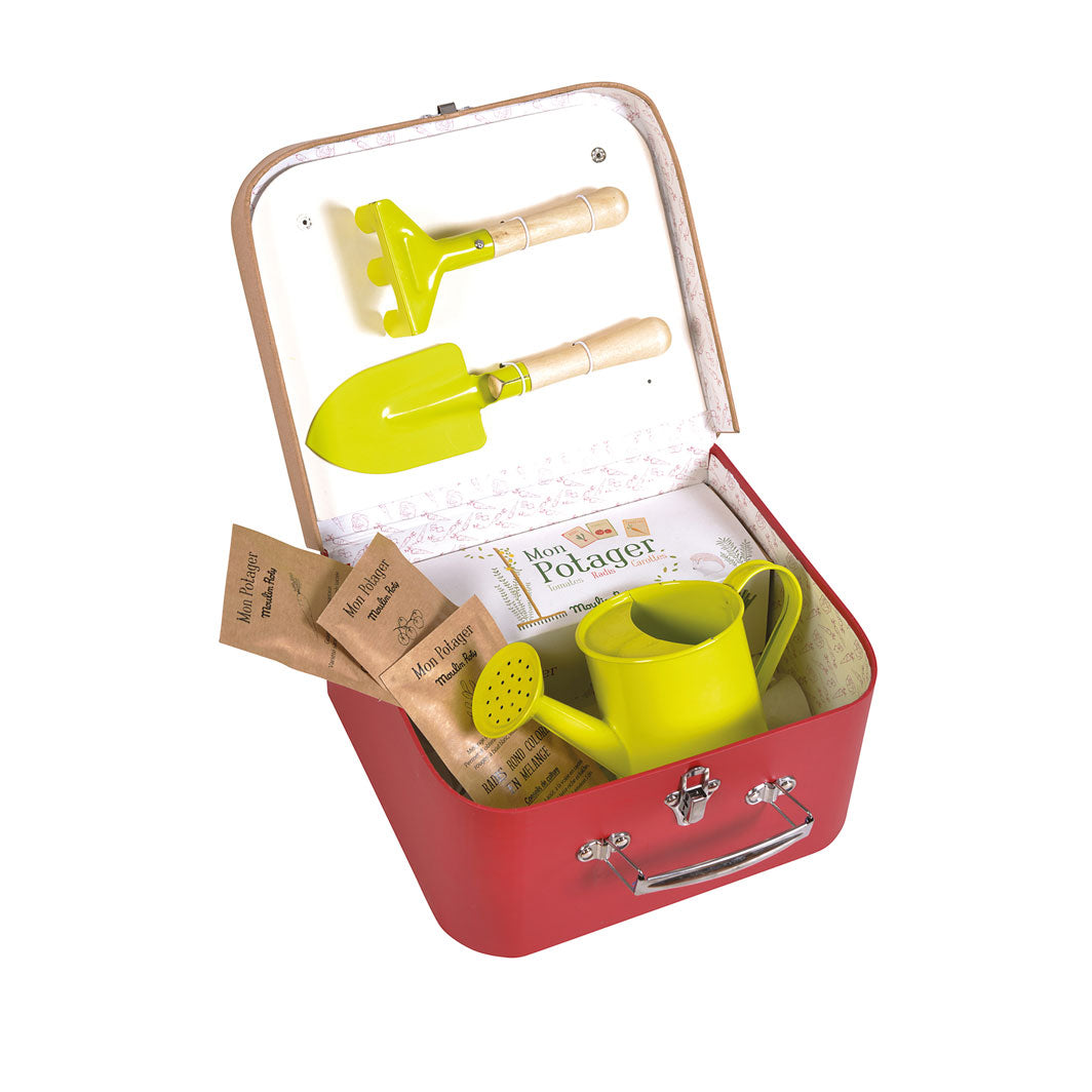 Moulin Roty gartner kuffert - vist åben med indhold