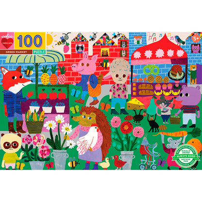 Eeboo puslespil, Med dyrene på marked - 100 brikker