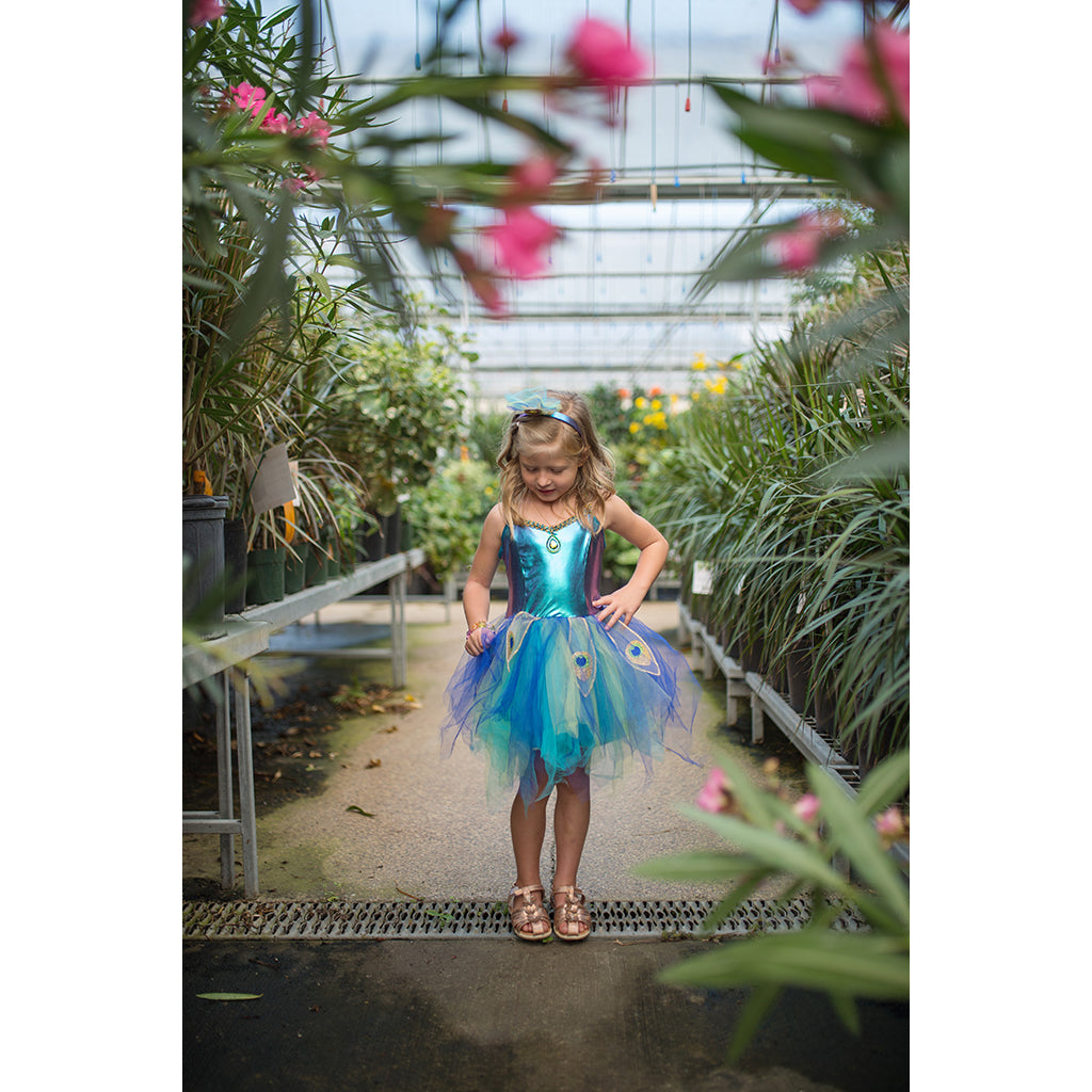 Great Pretenders udklædningstøj, Påfugl kjole og hårbøjle - str. 4-6 år