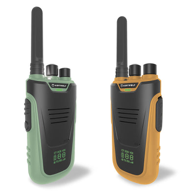 Kidywolf walkie talkie til børn, Kidytalk - Grøn/orange. 2 stk børne walkie talkies fra KidyTalk med genopladelige batterier
