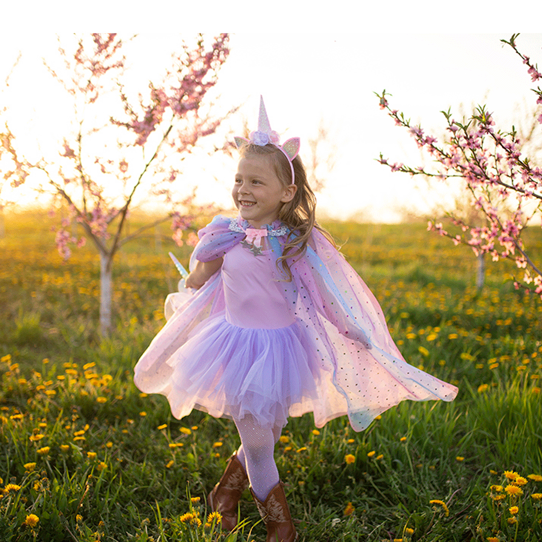 Great Pretenders dyrekostume, enhjørnings kappe og hårbøjle - str. 4-6 år